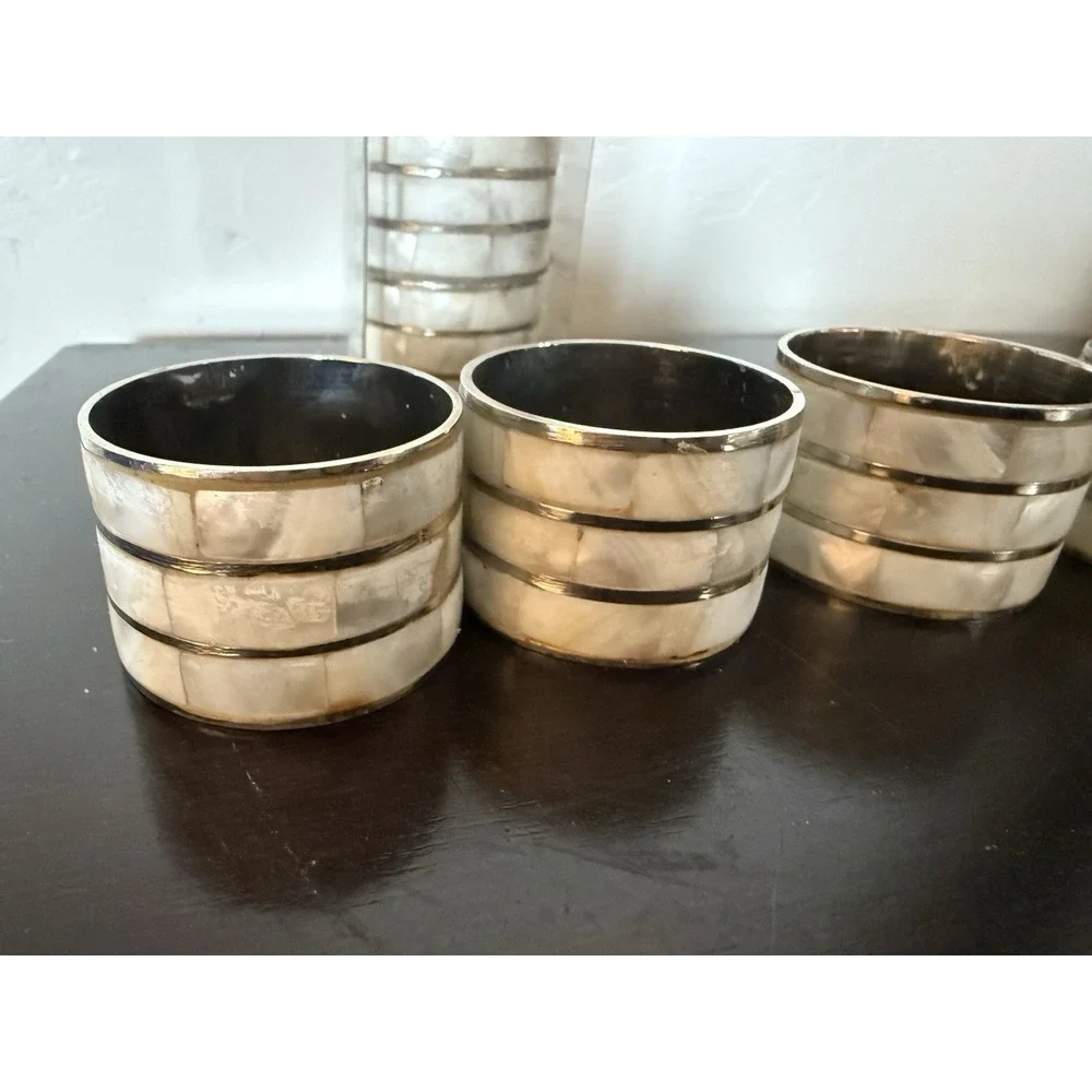 Mother of Pearl Silver Tone Metal Napkin Rings Holders Vintage Set Of 8